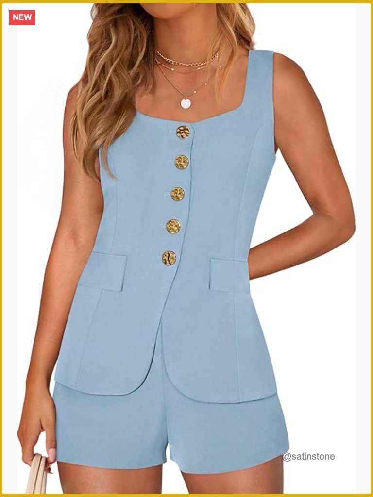 Two Piece Vest And Shorts Set Square Neck Button Down Sleeveless